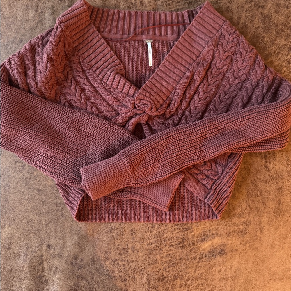 Free People V-Neck Cable Knit Sweater - Burgundy